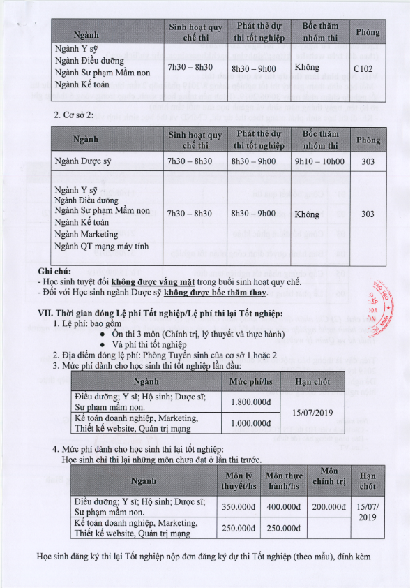 Kế hoạch thi tốt nghiệp Trung cấp 08/2019