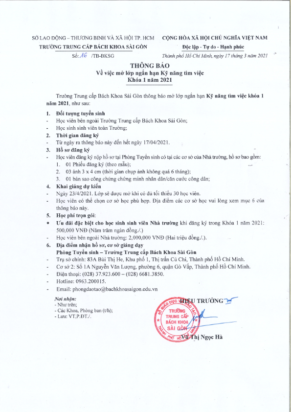 thông báo mở lớp ngắn hạn kỹ năng tìm việc