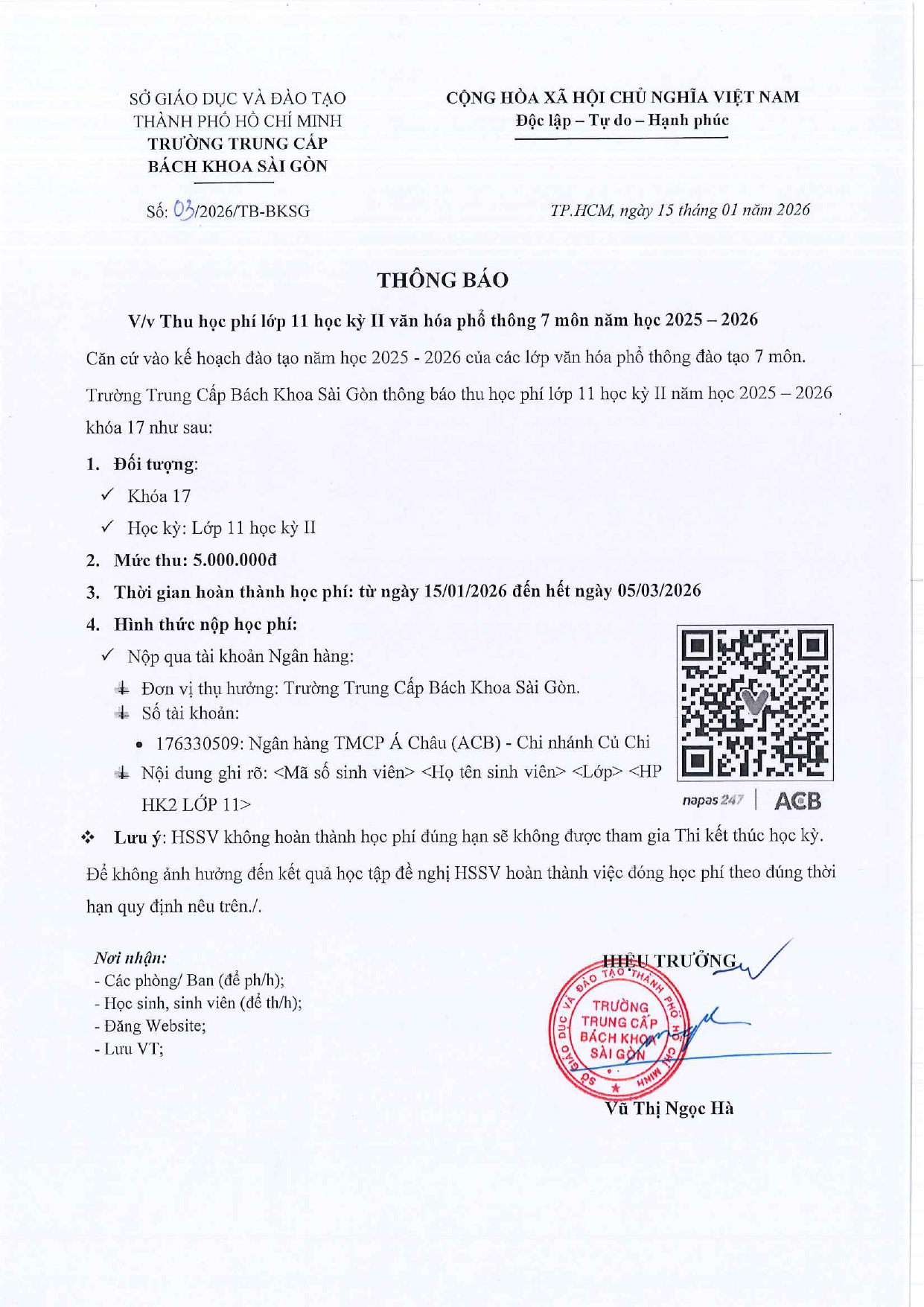 học phí Hk2 lơp 11
