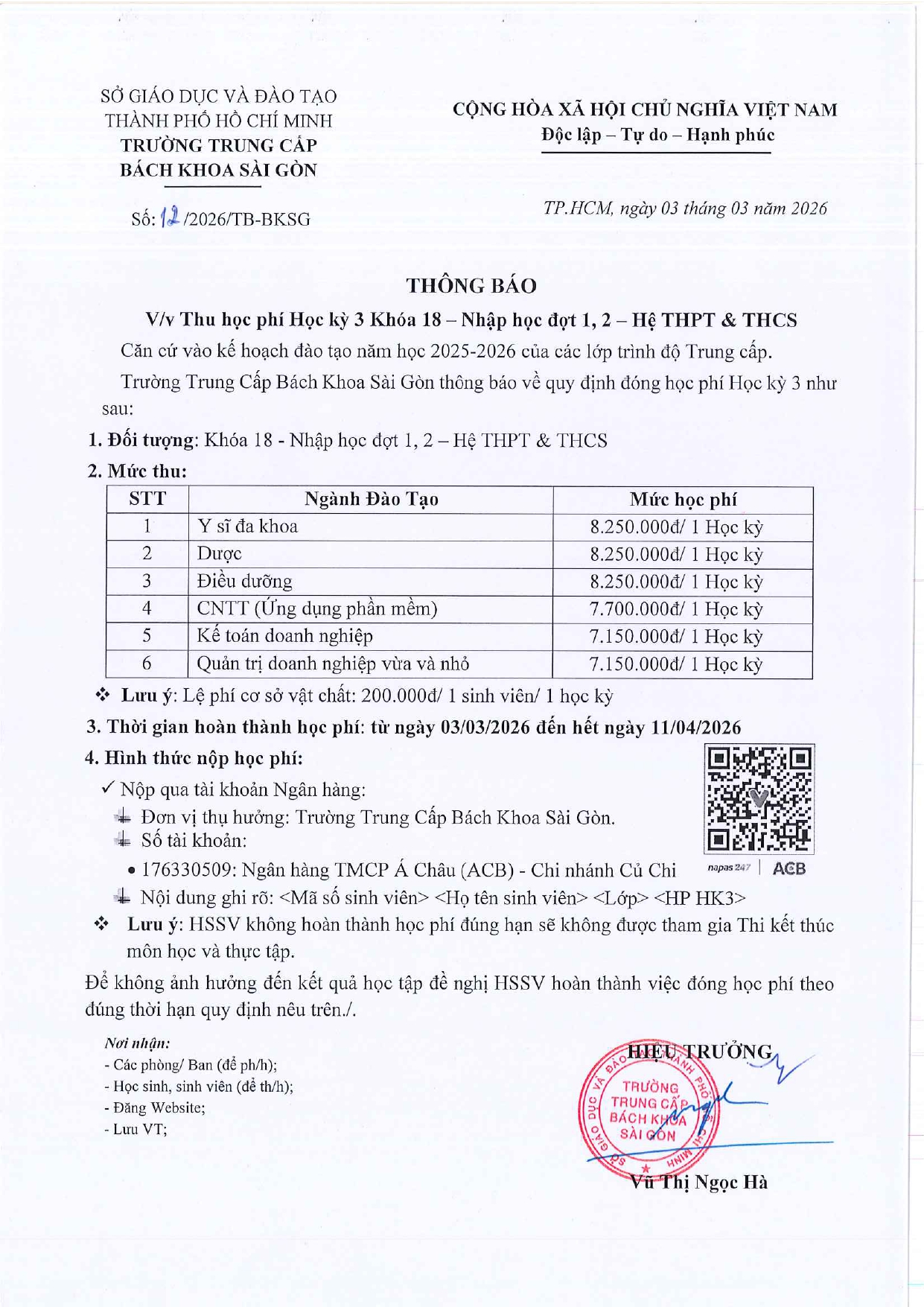 TB Học phí học kỳ 3 khóa 18 - Nhập học đơt 1, 2 - Hệ THPT & THCS